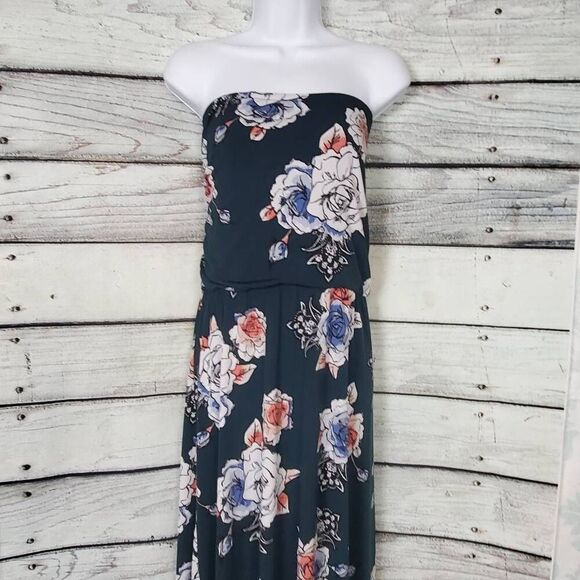 Maurices Strapless Floral Maxi Dress Women’s Size 2 Navy Pink Blue Roses - Picture 1 of 8